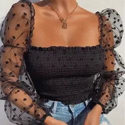 Women's Short Top Wave Dotted Sexy Mesh Puffy Long Sleeve See Through Comfortable and Breathable Blouse