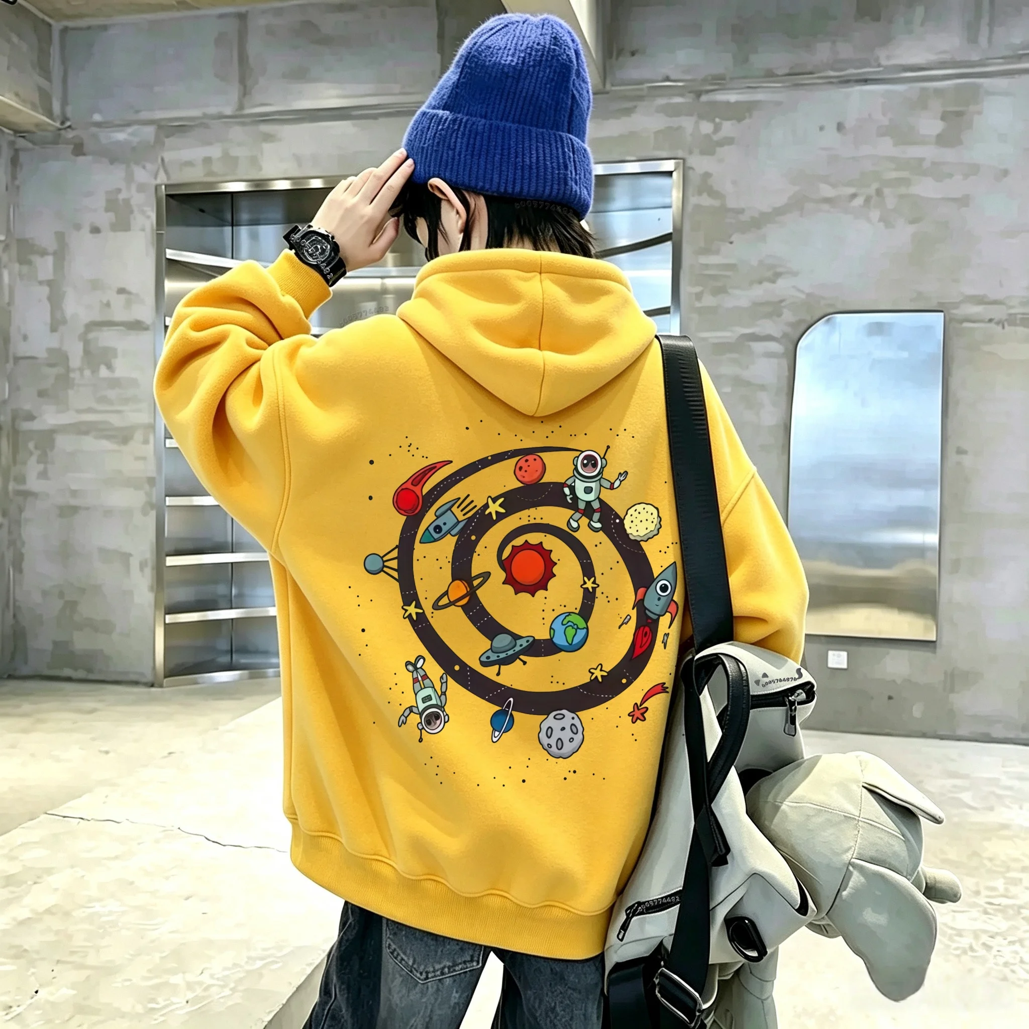 Latest model Warm Children Pullover Hoodie, Lovely Galaxy Astronaut Back Graphic Kids Clothes for Fall Winter Daily Wear