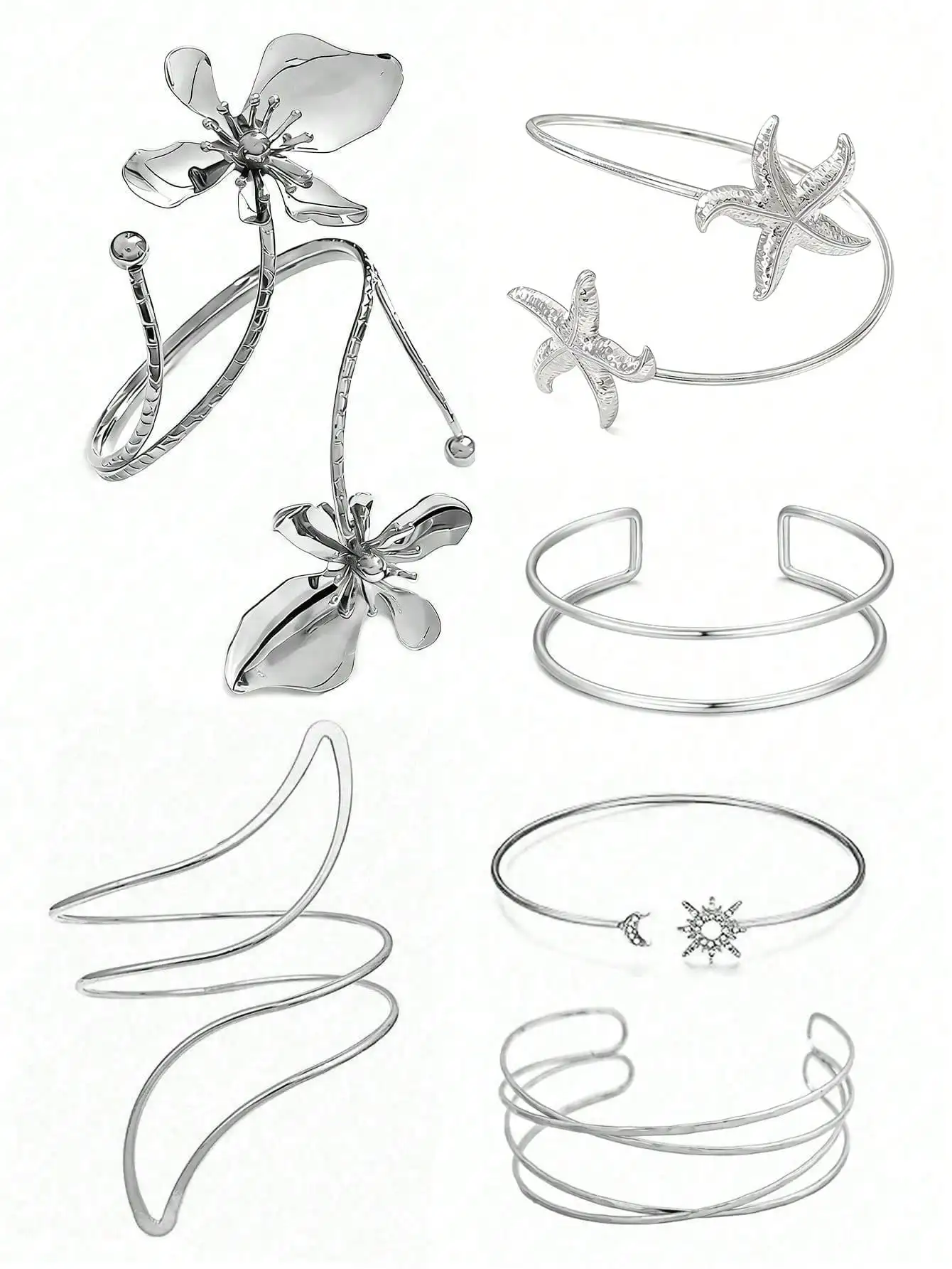 

6pcs Fashionable Geometric Arm Cuffs, Adjustable Floral Sun Star Versatile Bangles, Circle Wrap Design Personalized Stacking, Suitable For Parties, Gifts, Daily Wear