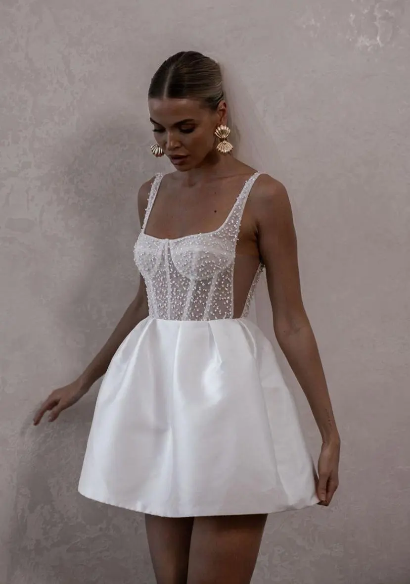 strapless open back dress Simple Short White Sleeveless Backless Wedding Dresses  misshow.com