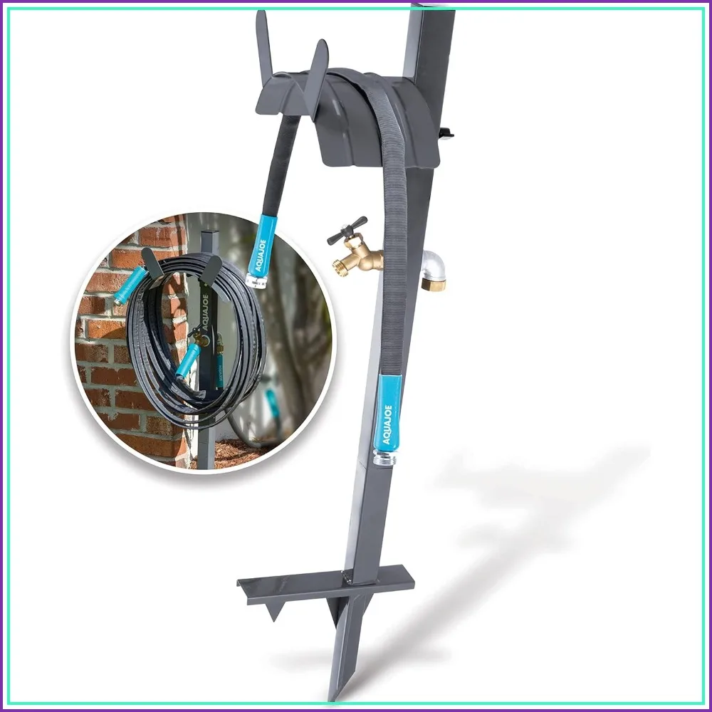 Garden Hose Stand with Brass Faucet & 3 ft Lead-in Hose, Gray - Holds 125 ft Hose, Heavy-Gauge Steel