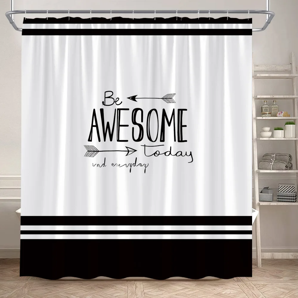 White Bathroom Shower Curtain Black Line Modern Minimalist Solid Colour Bath Curtains Polyester Fabric Bathroom Decor with Hooks