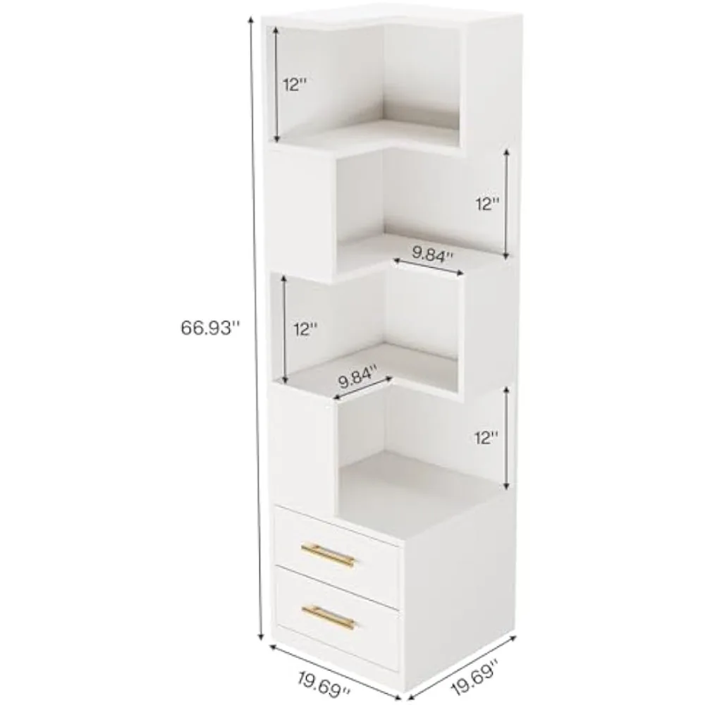 5-Tier Corner Bookshelf with 2 Drawers, 66.9-Inch Tall Corner Bookcase Shelf, Simple Corner Storage Cabinet Display Rack Shelf