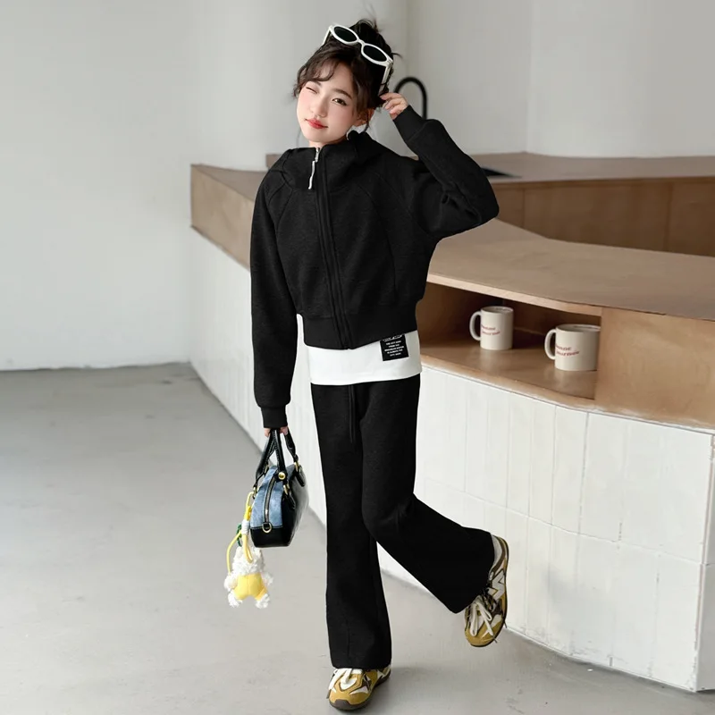 2026 winter Autumn teenager kids girl Children set Clothes crop top Hooded + slim Straight pants 4 6 7 8 9 10 11 12 14 15 Year