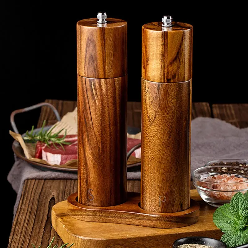 Cylindrical Wooden Salt and Pepper Grinder Set,Refillable and Matching Spice Mill,Wood Tray,Tall 8Inch,Manual Pepper Shakers Set