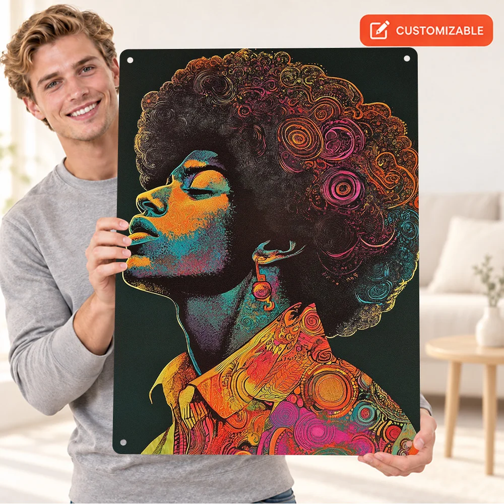 Psychedelic Afro Man Portrait Aluminum Poster Bold Contemporary Illustration Bedroom Wall Art Personalized Metal Sign Fan Gift