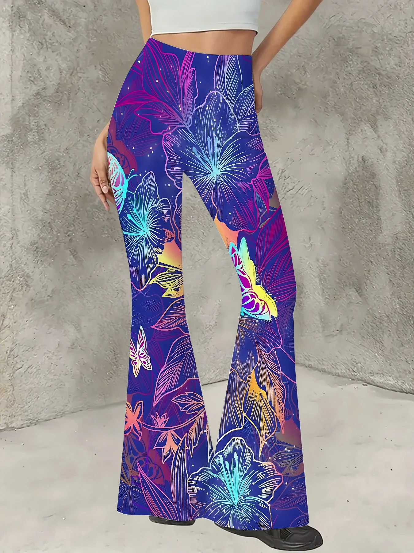 

Plus Size All-Over Print Flare Pants Women Stretchy High Waist Bell Bottom