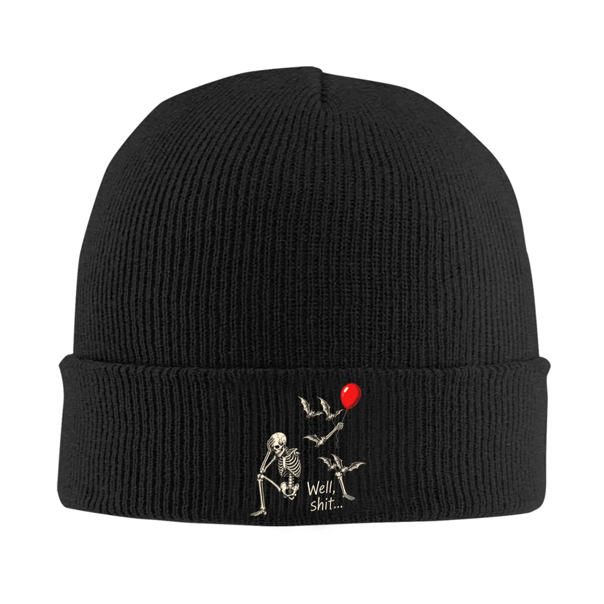 Skeleton Halloween Balloon Well Shit Funny Saying Spooky Beanie Hats  Bonnet Hats Female Male Knit Hat Winter Head Wrap Caps