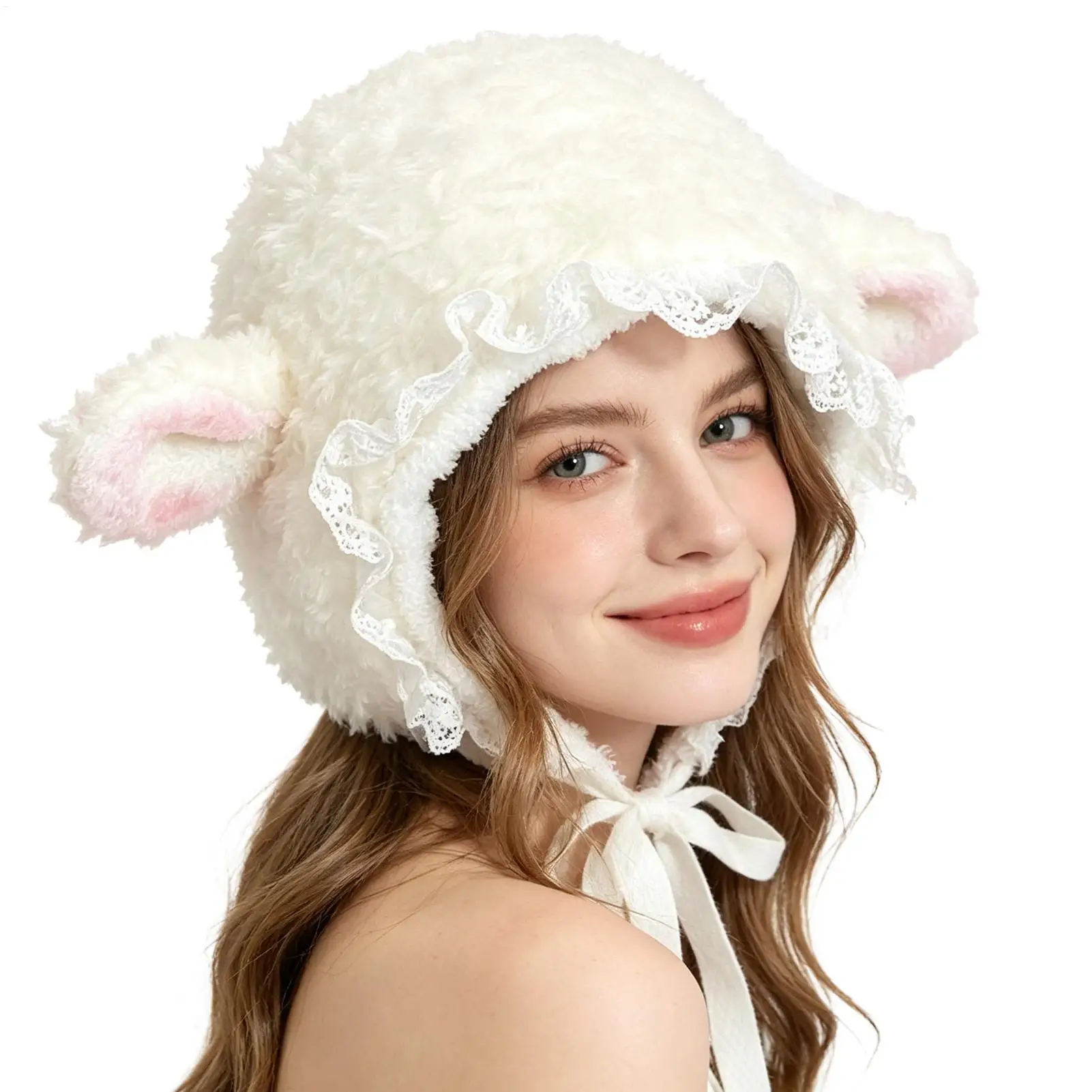 Cute Costume Sheep Hat Warm Headband with Adjustable Chin Ties Lamb Costume for Winter Outdoor Party Halloween Festival Camping