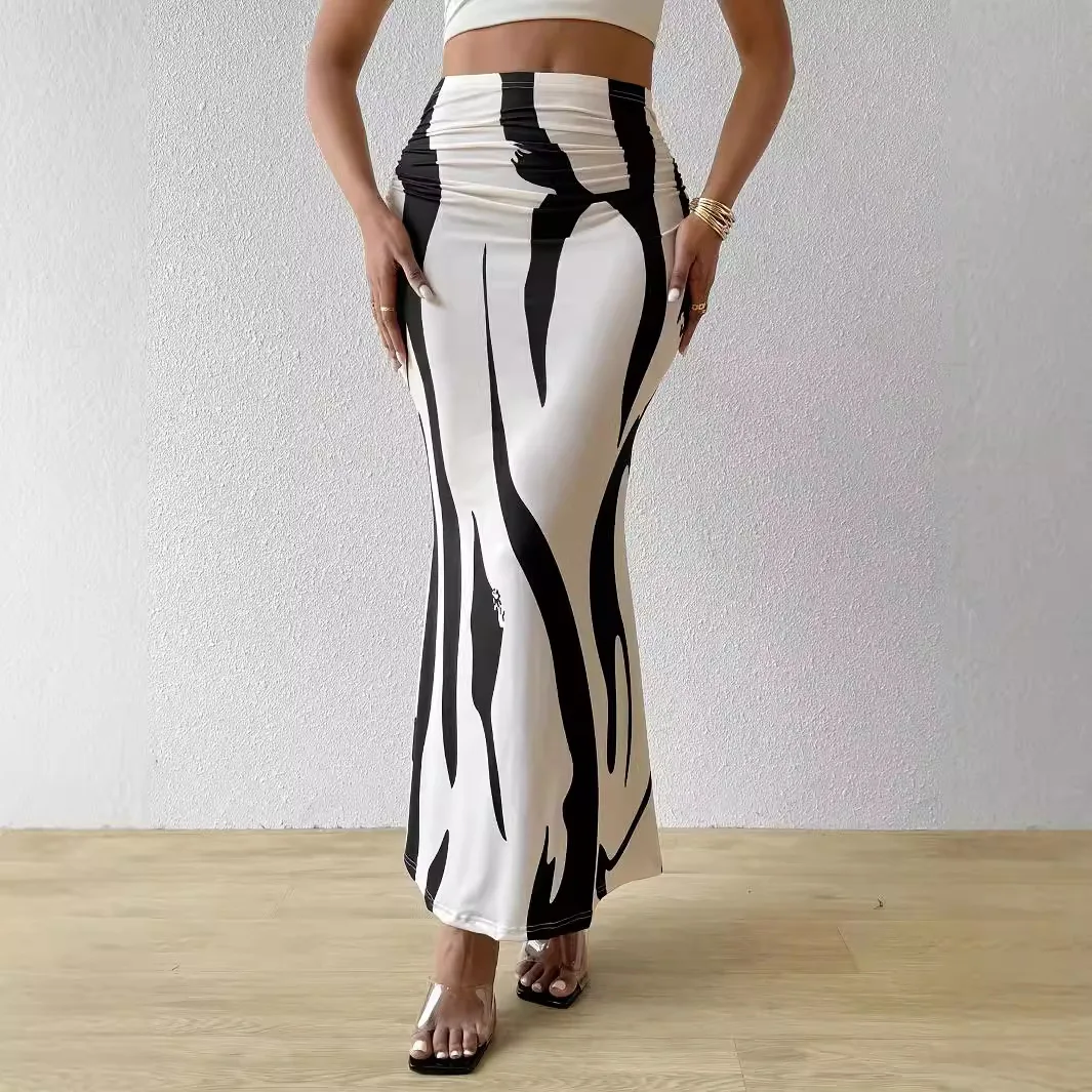 Geklede Casual Grafische Zebraprint Geplooide Lange Rokken Vrouwen Herfstmode Elastische Hoge Taille Geometrie Midi Rok Streetwear