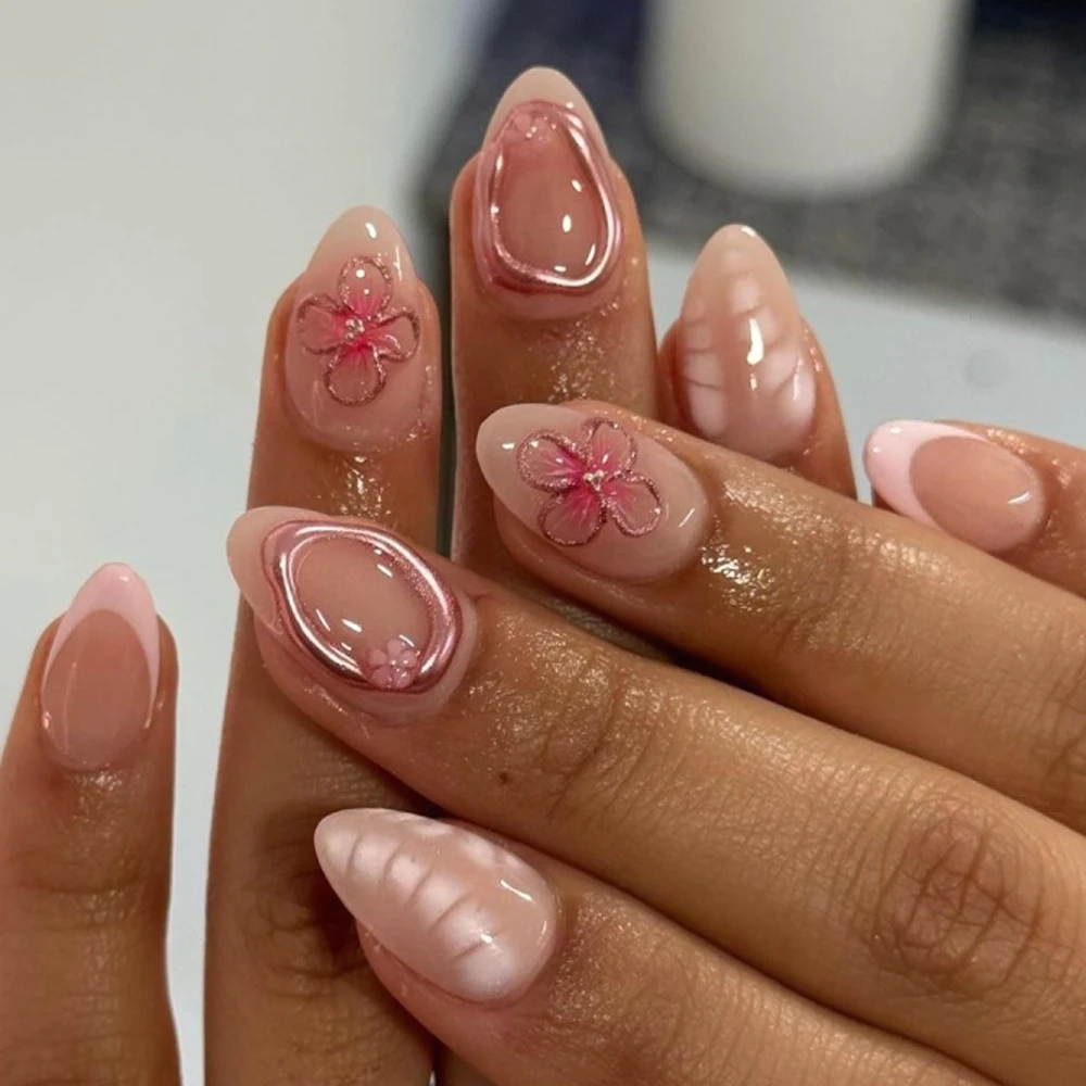フレンチヒョウ柄グラデーションウェアラブルネイルアート 3D 花ファッション付け爪取り外し可能な完成偽爪プレス爪