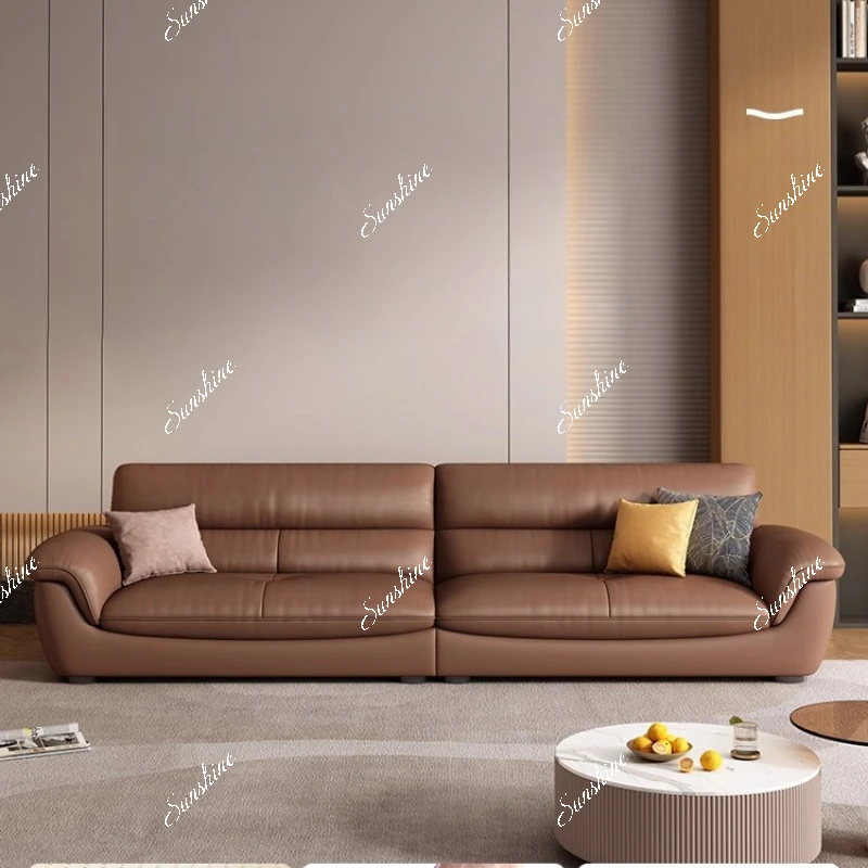 

Leather sofa, Italian minimalist modern apartment size, living room straight row, caramel color