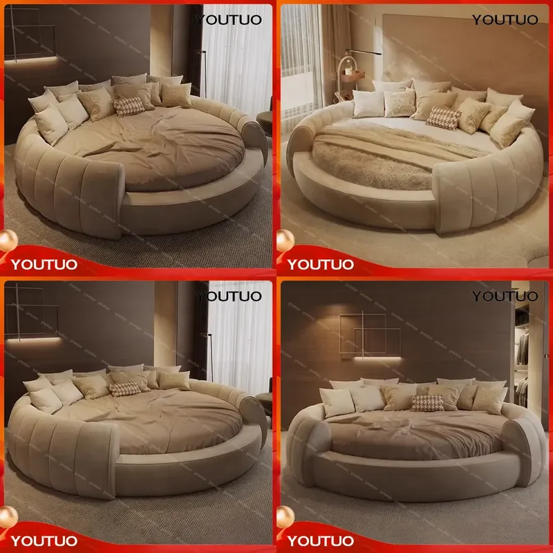 Modern Designer Round Bed Set Furniture Bedroom Cream Style Fabric Upholstered Popular Hotel Large King Size Round Bed