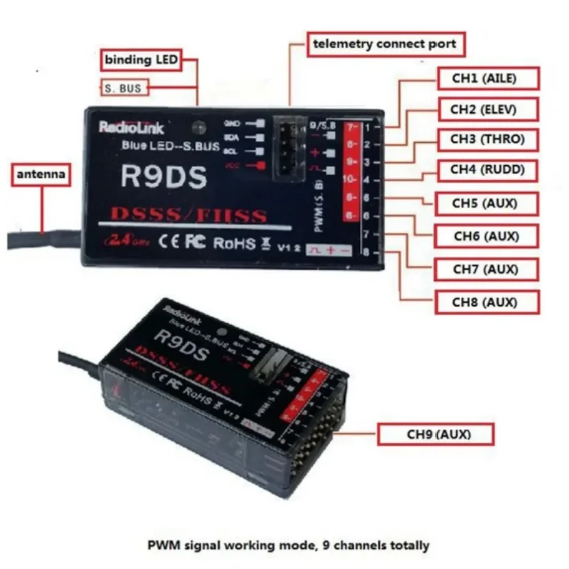 Radiolink R9DS 10CH 2.4GHz SBUS/PWM Receiver – Long Range for AT9/AT10/AT9S/AT10II Transmitter (Airplane/Drone/Car/FPV)