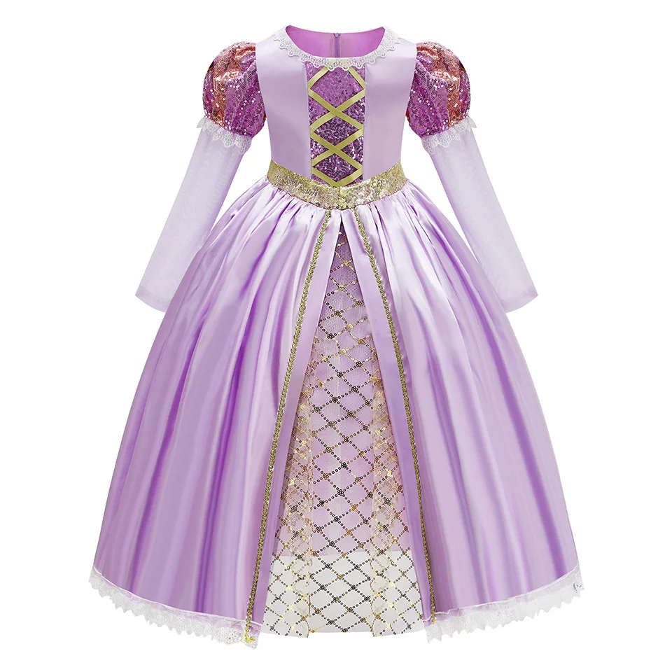 Kids Purple Long Puff Sleeve Princess Dress up Girls Rapunzel Birthday Party Lace Gown Halloween Carnival Cosplay Luxury Costume