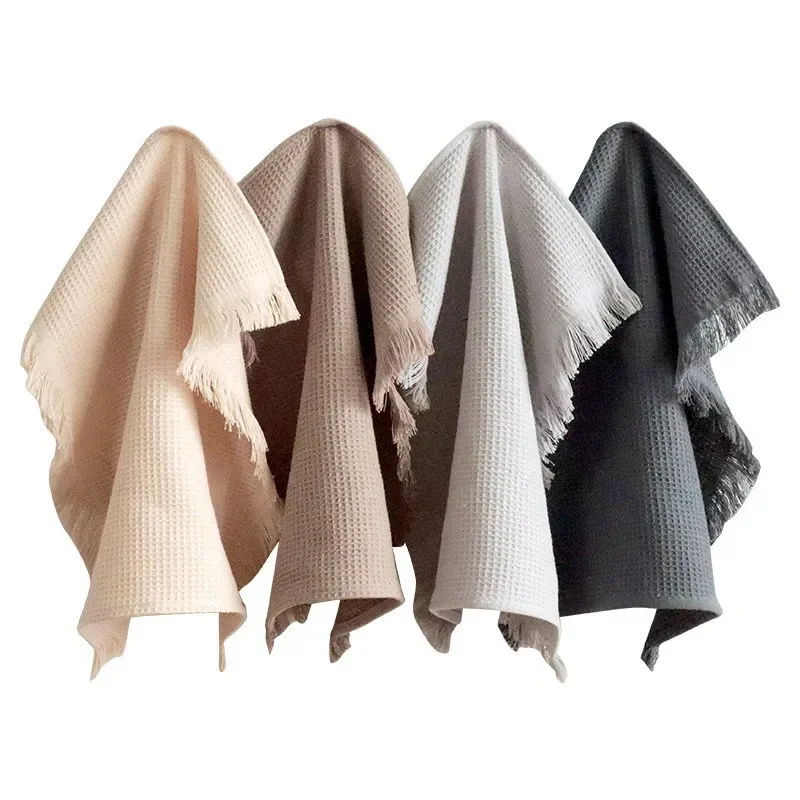 

1Pc 35x35cm Square Cotton Tassels Waffle Solid Color Absorbent Soft Dishcloth Home Kitchen Tea Towel Scouring Cloth