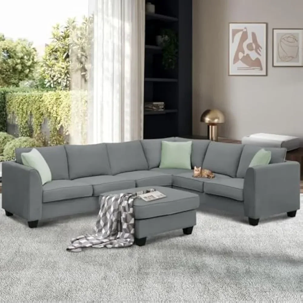 

Living Room Sets, 7-Seats Modular Sectional Sofa with Ottoman, 112 * 87" L-Shape Sofa Corner Couch Set with 3 Pillows, Grey