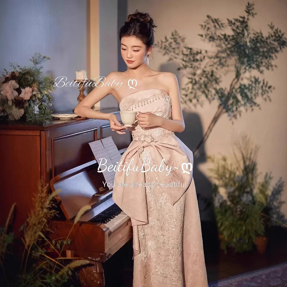 Customized Palace Style 2025 Women's Evening Dress Strapless Bow Decoration Pearl Tassel Mermaid Skirts Formal Dresses for Women