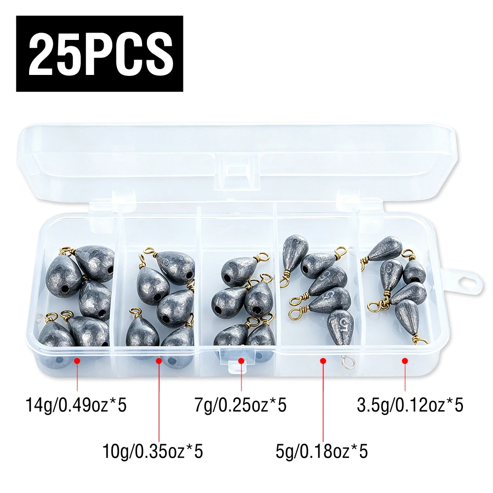 25PCS/BOX Teardrop Fishing Weights Box Set 3.5g-14g Drop Shot Sinker With 360 Rotation Swivel Sea Casting Tackle Accessories