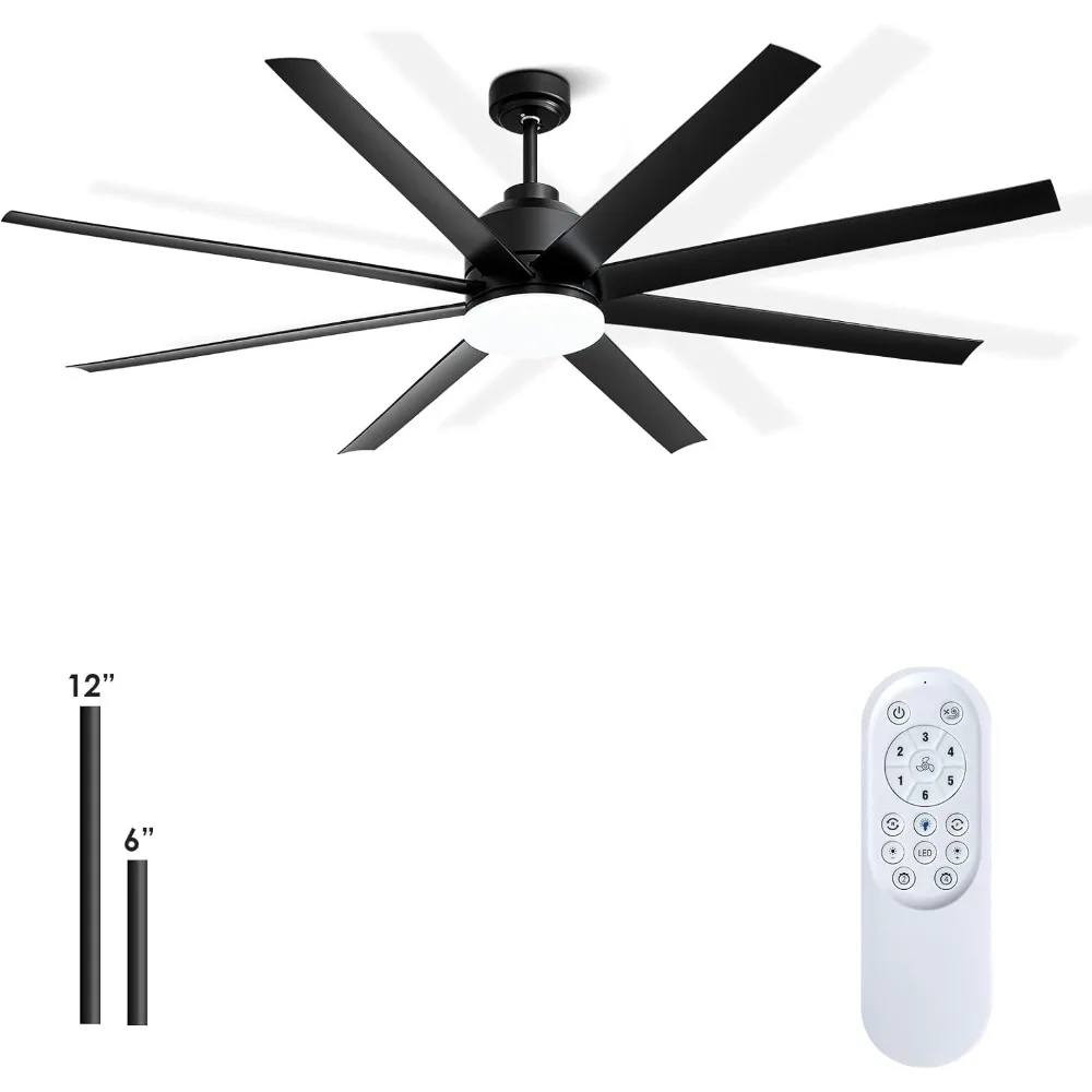 

72 Inch Industrial Ceiling Fan - Black Big Ceiling Fan with Light, Large Outdoor Ceiling Fan with 6-Speed Remote Control