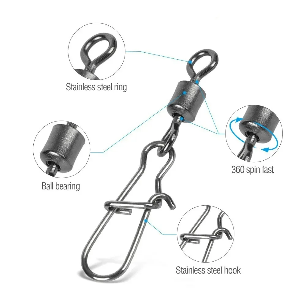 

50PCS Fishing Connector Pins with Rolling Swivel & Snap #4–#12 Bearing Swivel Hook Clips for Lure Rigging & Fishing Accessories