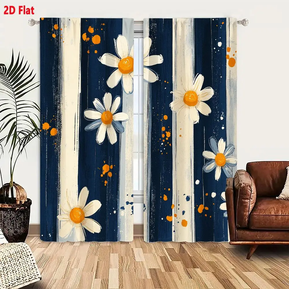 2Pcs Curtains 2D Flat Decorative Pattern With Vertical Blue Stripes White Daisies Yellow Centers Orange Blue Splatters Whimsical