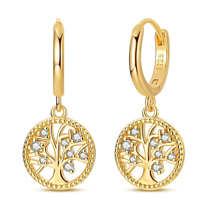 925 Sterling Silber Ohrringe für Damen, Funkelnder Vergoldeter Lebensbaum-Creolen-Ohrring für Jubiläum, Hochzeit, Schmuckgeschenke