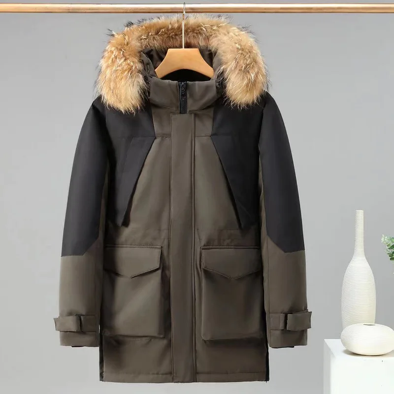 Thick Hooded Parkas Men Patchwork Zipper Parka Spliced Pockets Outerwear Windbreaker Winter Warm High Street Slight Strech