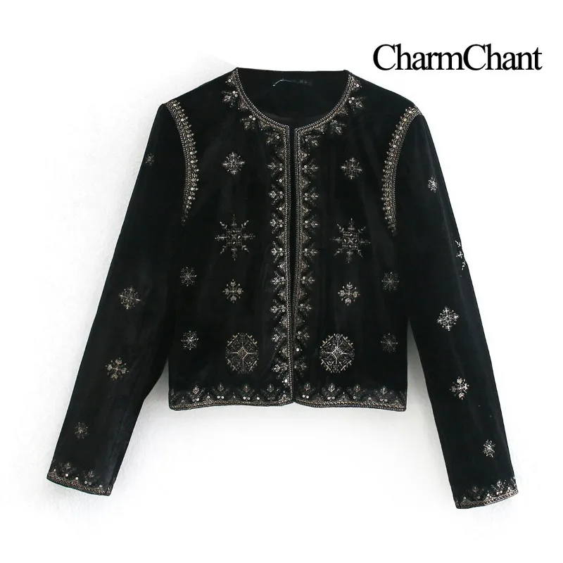 CHARMCHANT Women's Retro Velvet Embroidered Jacket Gold Sequin Ethnic Short Coat Chinese Style Open Front Long Sleeve Autumn