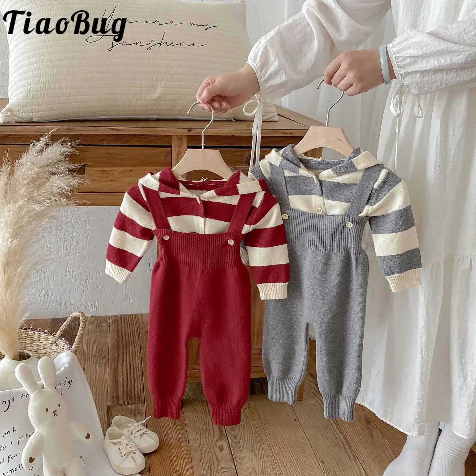 Infant Baby Boys Girls Clothing Spring Autumn New Sweater Set Long Sleeves Button Striped Hooded Knit Cardigan with Overalls