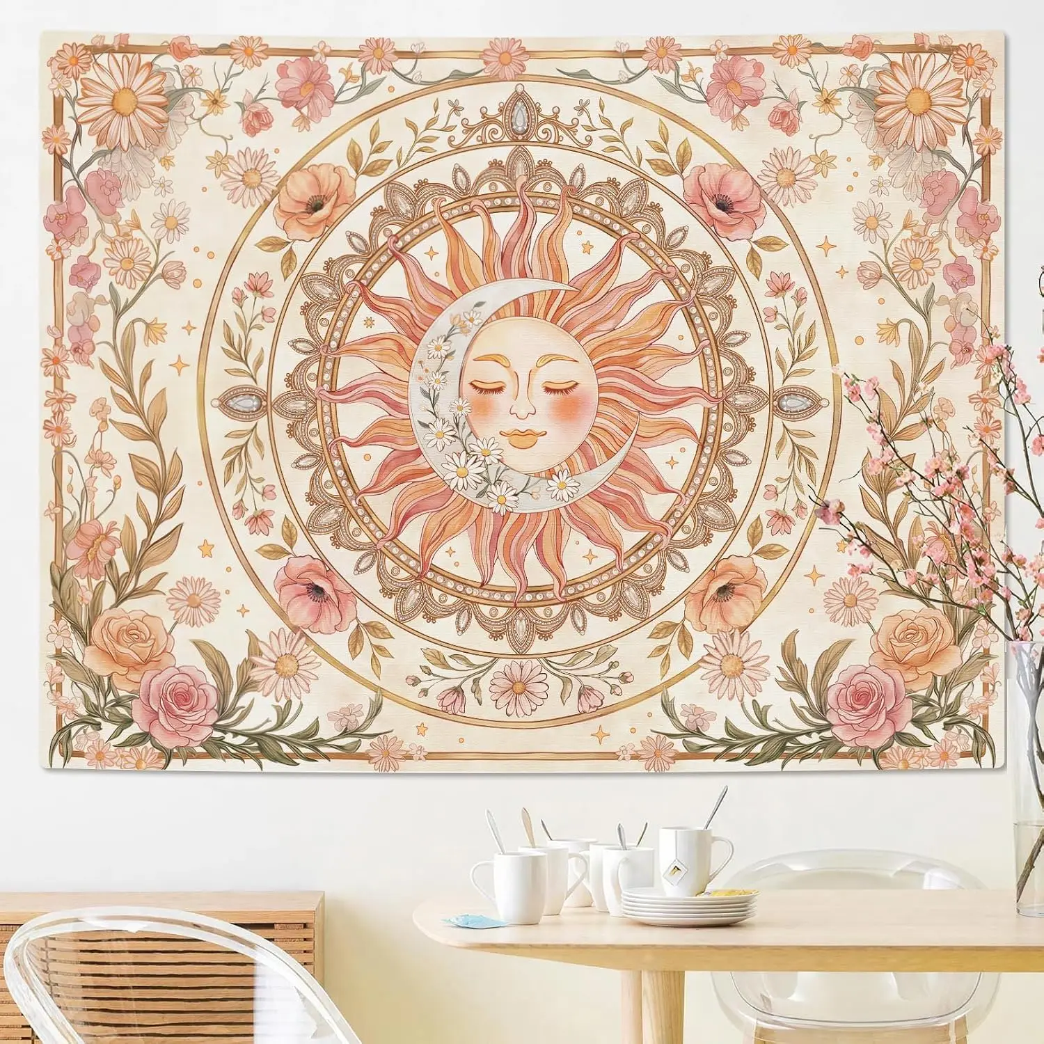 Wall Tapestry Large Wall Hanging Sun Moon Daisy Floral Tapestry, Pink Boho Aesthetic Rose Wall Art, Hippie Jewel