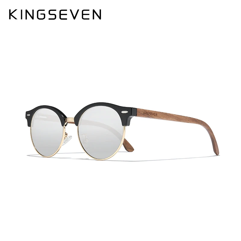 KINGSEVEN Photochromic Walnut Wooden Sunglasses Men Polarized Semi-Rimless UV400 Protection Retro Eyewear Women Oculos