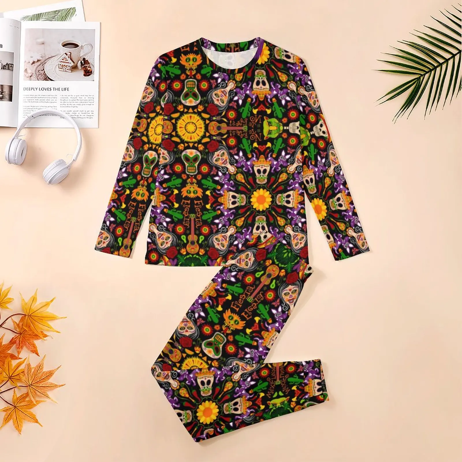 Abstract Mandala Print Pajamas Long Sleeves Mexican Style Two Piece Room Pajamas Set Spring Mens Design Oversized Nightwear