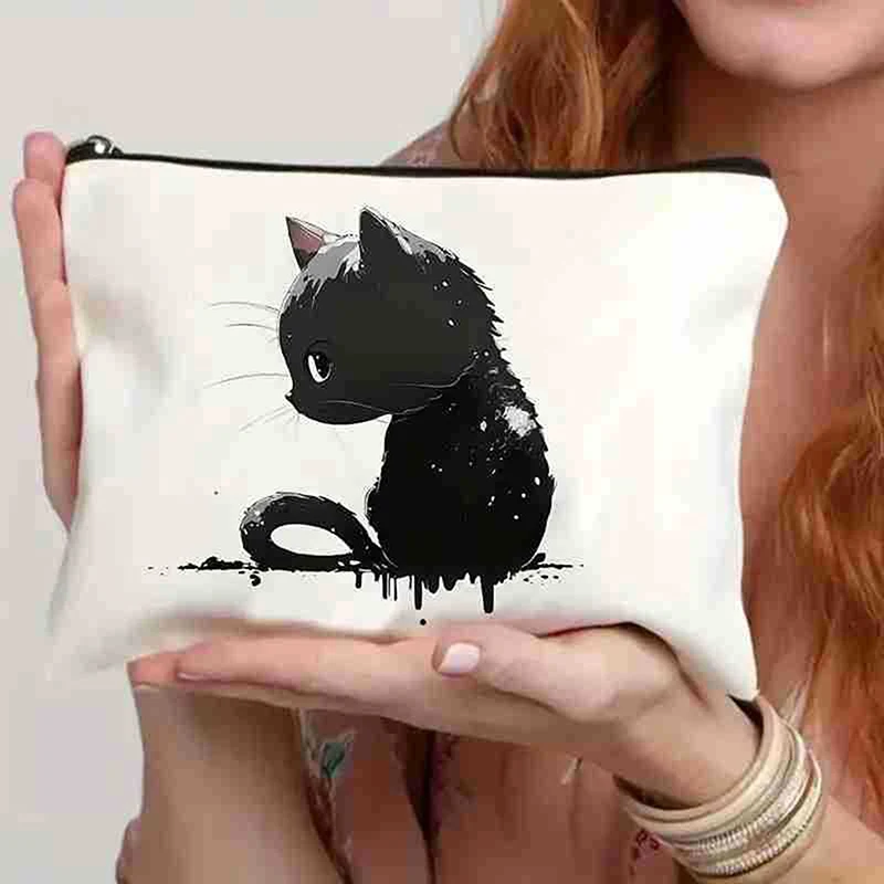 Animal Cute Casual Makeup Bag Travel Portable Storage Storage Bag Mini Toiletry Bags Black Cat Printing Women Cosmetic Bags