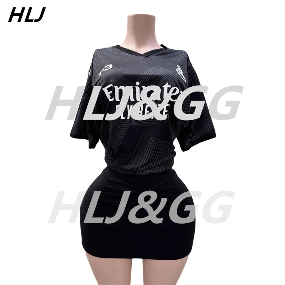 HLJ Fashion Letter Mini Skirts Two Piece Sets Women V Neck Short Sleeve Loose Tshirt And Skirts Outfit Lady Sporty 2pcs Clothing