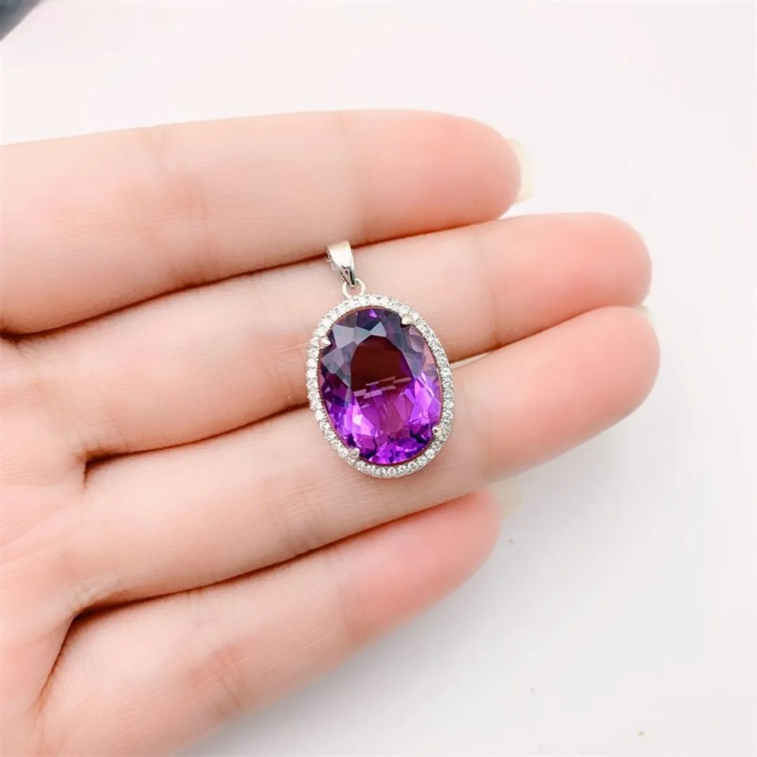 Natural Oval Amethyst Pendant Large Grain Gem Women\'s Necklace Pendant S925 Sterling Silver Inlaid with Japan and South Korea