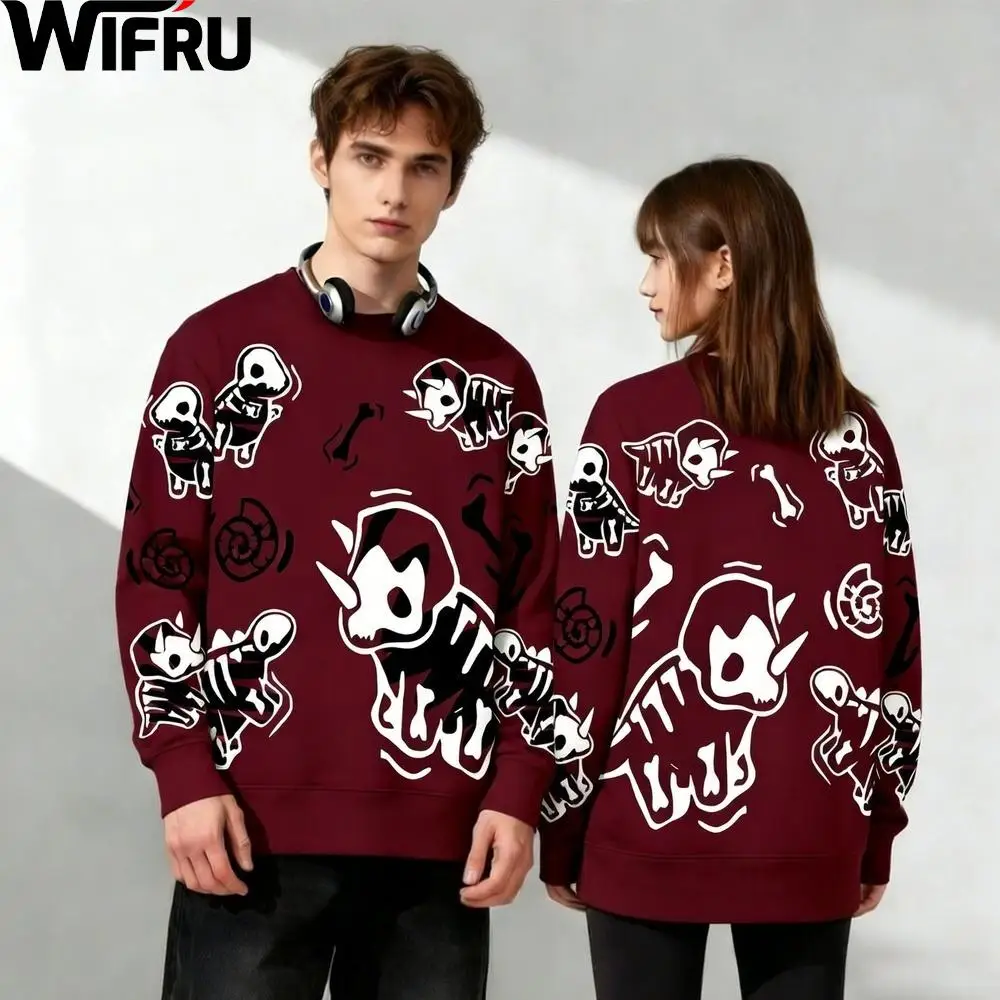 

Y2K Dinosaur Skeleton Print Pullover Sweater Unisex American Retro Long Sleeve Wifru Street Style Casual Loose Crew Neck Top