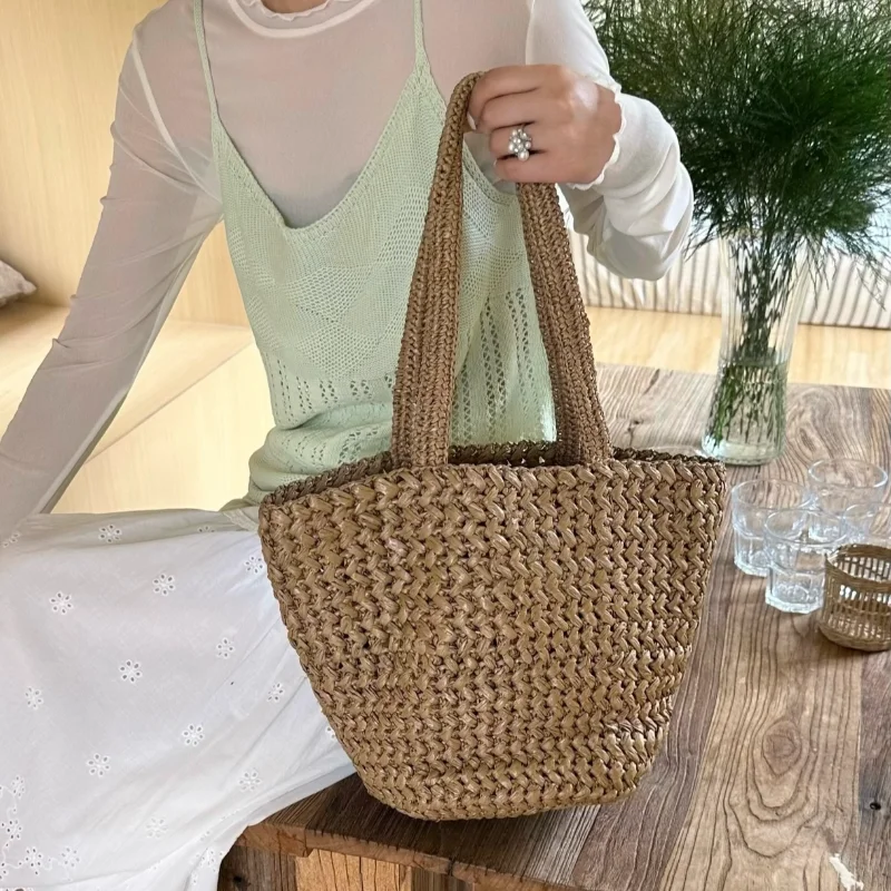

Lafite Grass Spliced Cowhide Bag Solid Color Large Capacity Shoulder Bag Elegant Minimalist Grass Woven Vegetable Basket Bag New