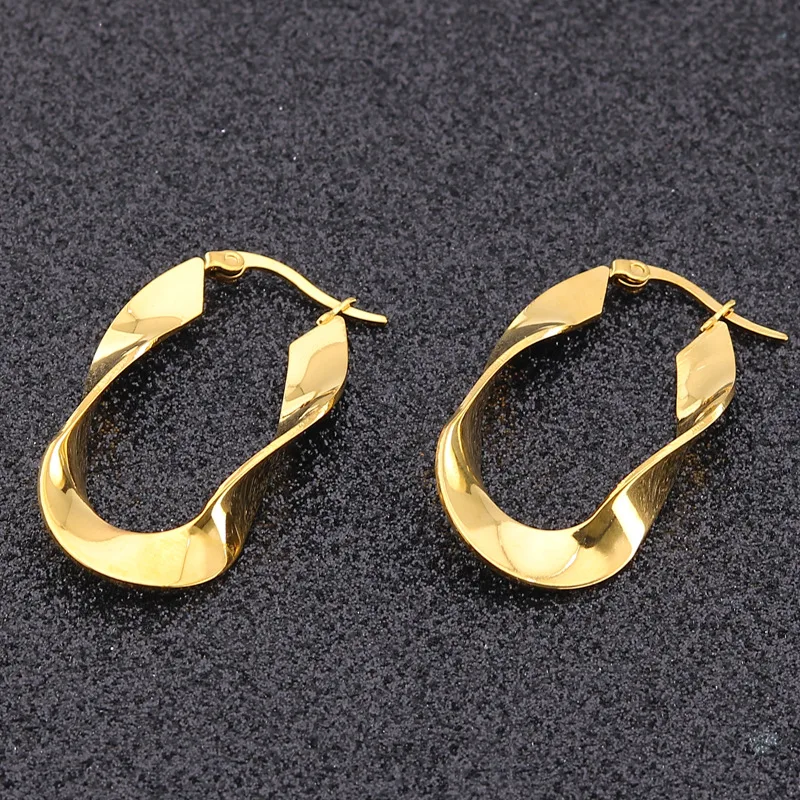 Stainless Steel Big Hoop Earrings For Women Korean Oval Flat Twisted Gold Color Earings Simple Aesthetic Jewelry Accessories