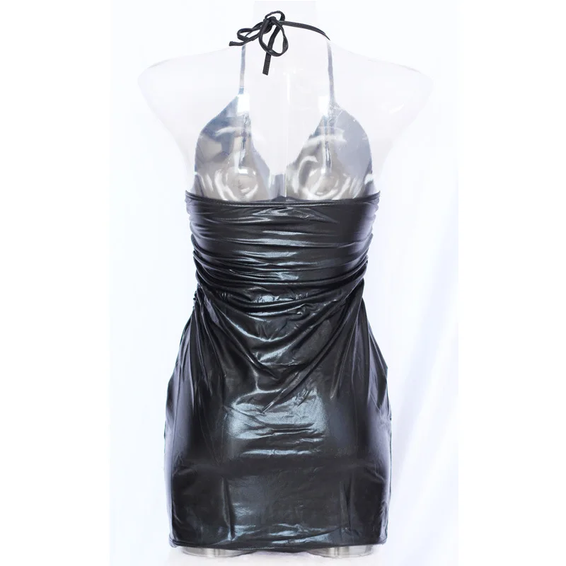 Bodycon mini vestido clube vestido látex falso couro 2020 verão sem mangas cinta sexy vestidos femininos comprimento manga estilo material