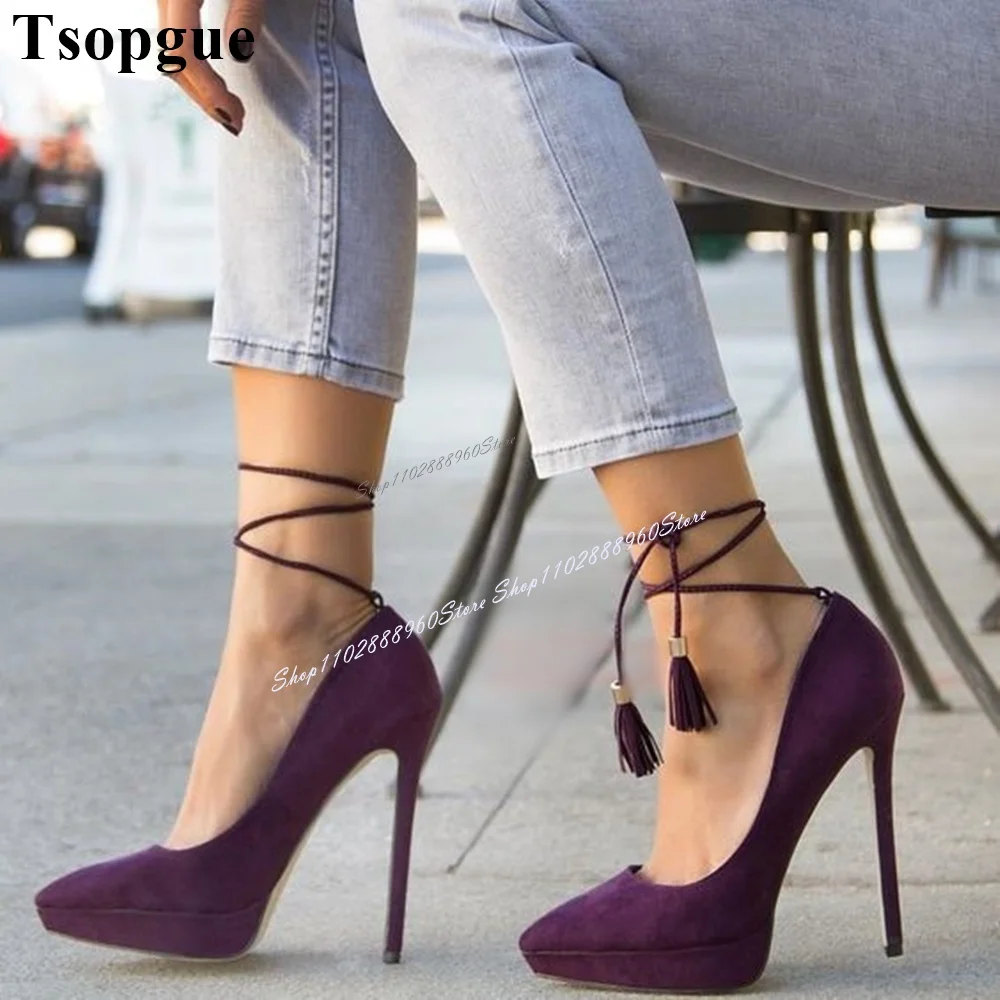 Lace-Up Purple Flock Short Tassels Low Platform Pumps Thin High Heel Women Shoes Pointed Toe 2024 Fashion Zapatos Para Mujere