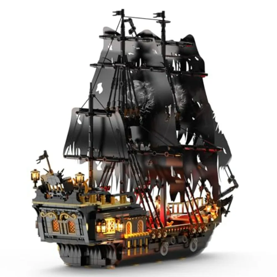 

Pirate ship model building set for adults and kids: black pearl sailboat with LED light, wooden display decor for home or offic