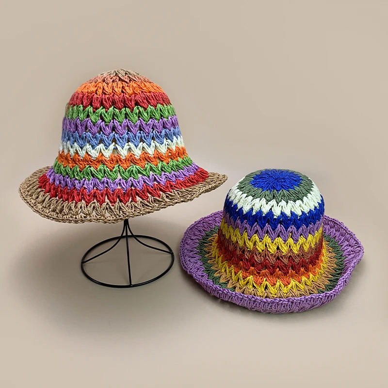 Straw Plaited Article Rainbow Bucket Hats Beach New Women Travel Sunshade Outdoor Breathable Versatile Casual Fashion Straw Caps