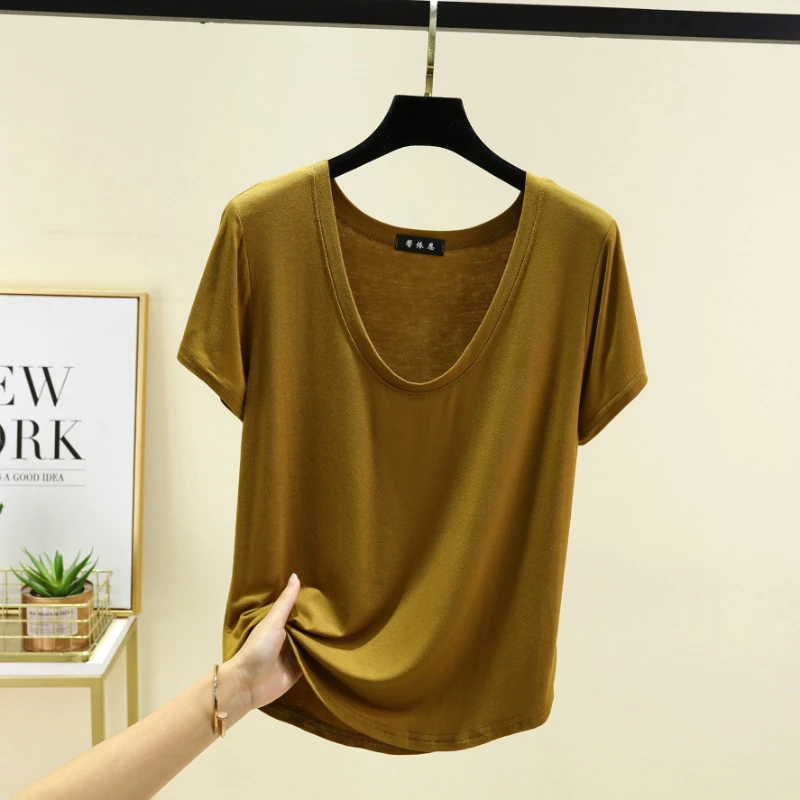 Summer Pure Color Modal Short-Sleeved T-Shirt for Women Large Size Suitable for Wearing as an Undergarment or over Pajamas view 5