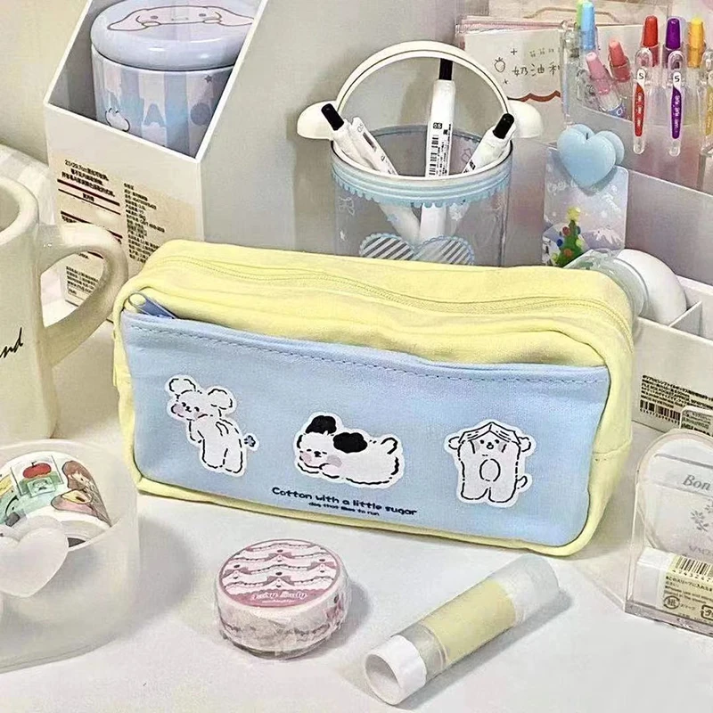 Cute Cartoon Pattern Canvas Makeup Bag Toiletry Storage Bags Large Capacity Pencil Case Contrast Color Stationery Box