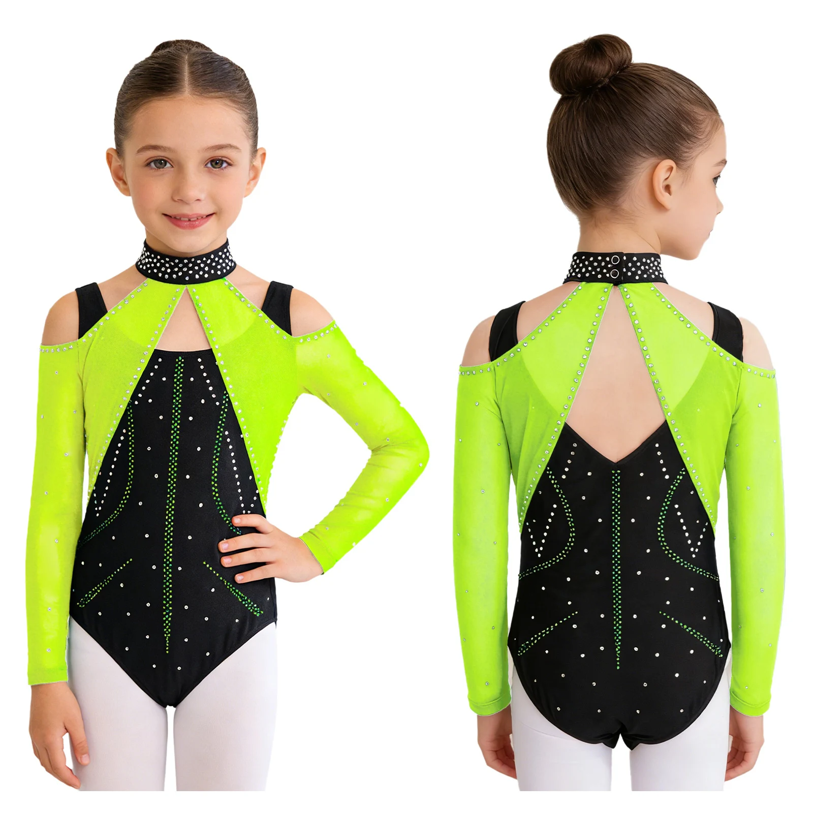

Kids Girls Rhythmic Gymnastics Leotards Dance Figure Skating Performance Costume Rhinestones Cutout Mesh Jersey Ballet Bodysuit