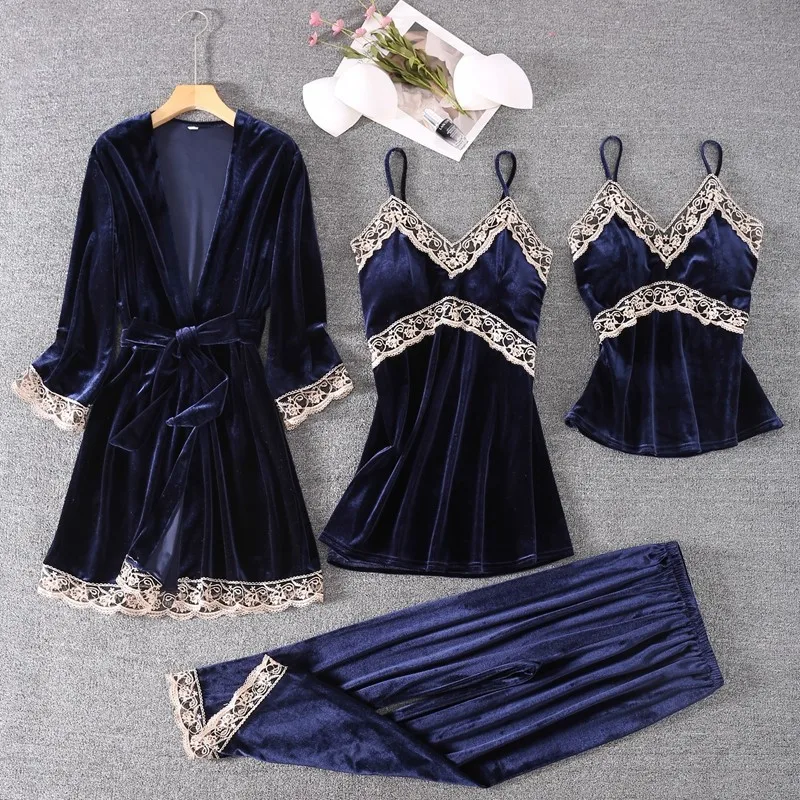 

Female Velour Sexy Lace Trim Bathrobe Nightgown Thick Pajamas Four Pieces Set Loose Velvet Home Clothes Autumn Winter Loungewear