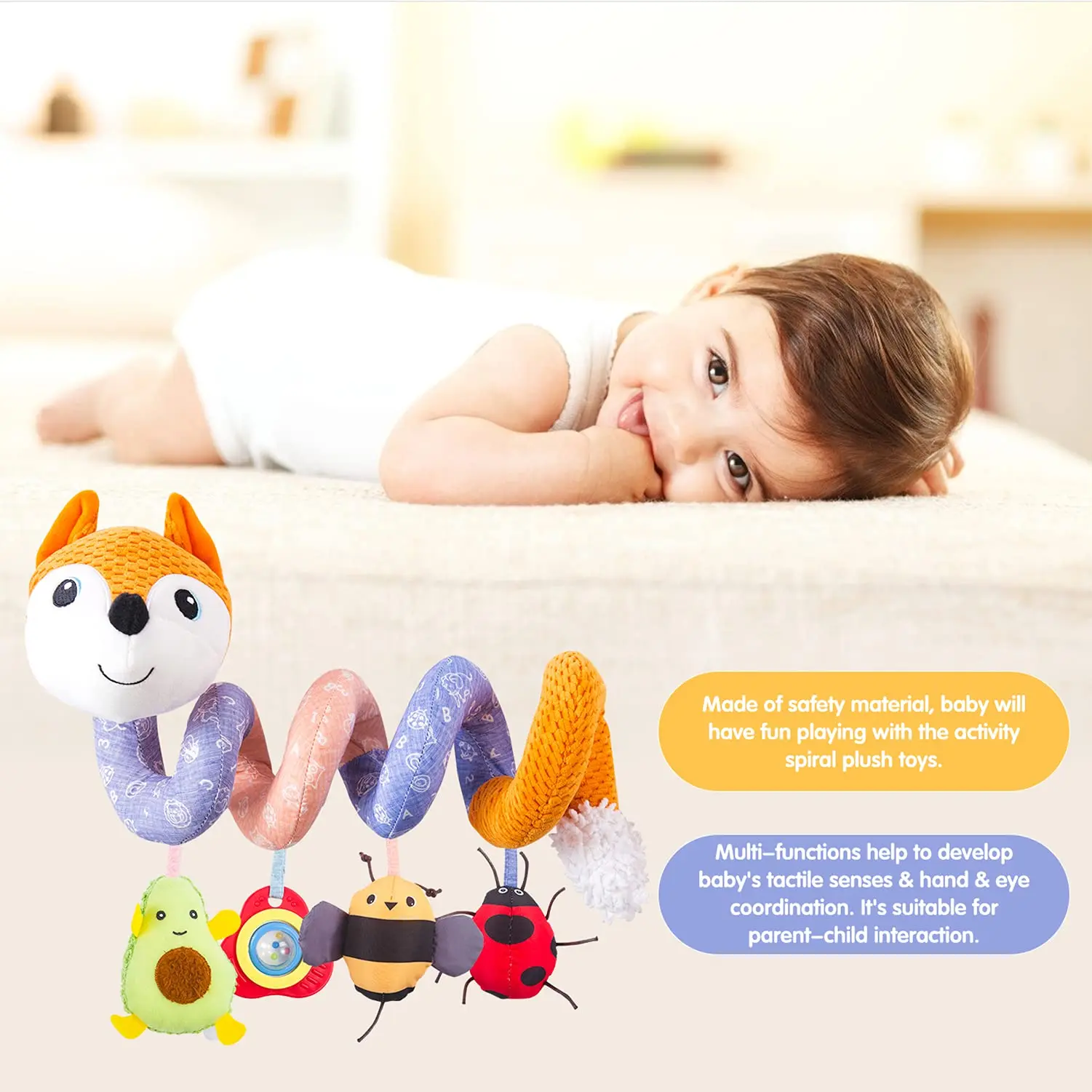 Infant Baby Orange Fox Spiral Plush Activity Hanging Toys Car Seat Stroller Crib Bassinet Mobile Music BB Squeaker and Rattles