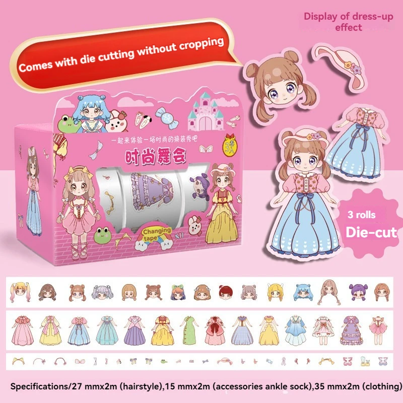 Cute Princess Dress Up Sticker Girl Cartoon Washi Tape Set Handbook Character Clothes Decoration Sticker Merry Christmas Gift