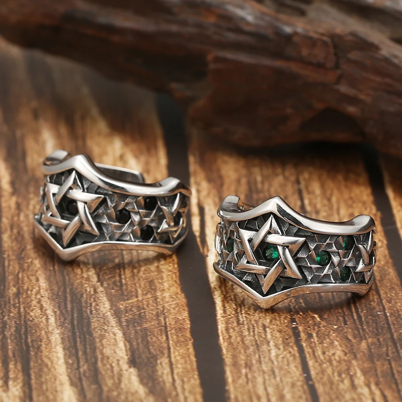 Large and domineering luxury men's pure silver vintage style bracelet with green diamond hollow out hexagonal star opening ring